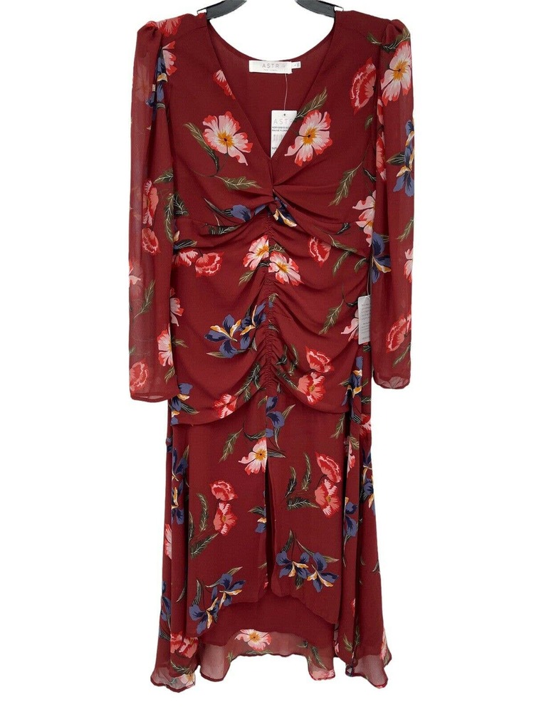ASTR The Label High-Low Ruched Front Midi Dress in Mauve Floral Size L